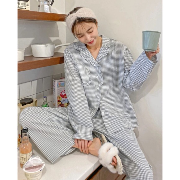SHEIN Other - 2/$45 shein- light gray and white gingham frilly long sleeve button pajama set